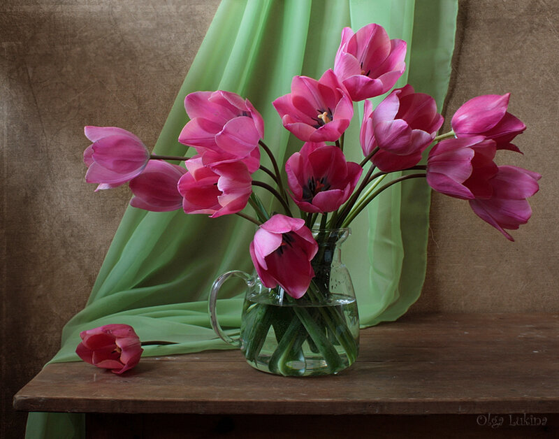 Pink Tulips in Vase — Serene, Photograph, Wooden Table