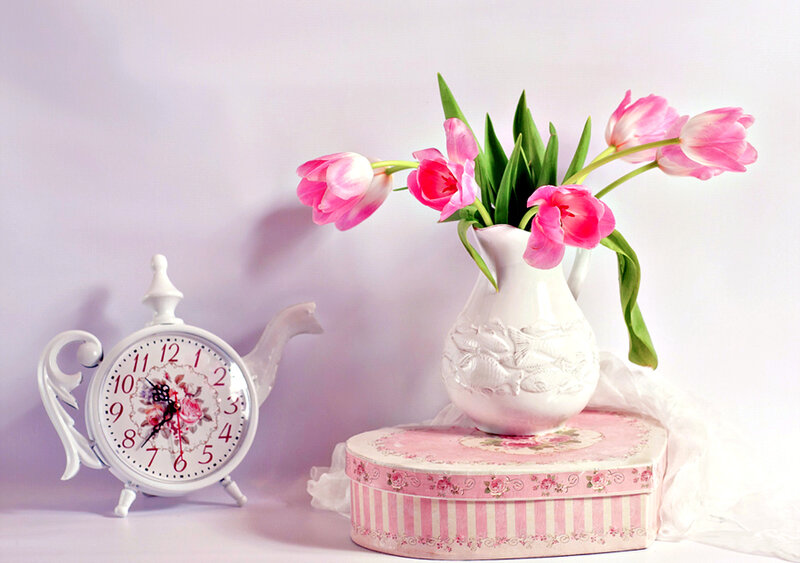 Pink Tulips in Vase — Serene, Spring, Photograph, Clock