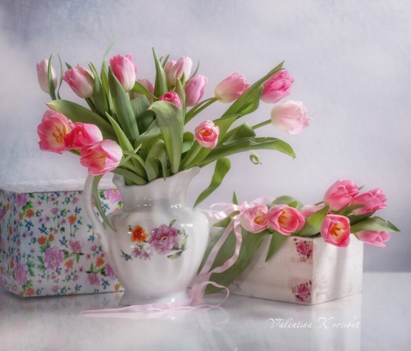 Pink Tulips in Vase — Serene, Spring, Photograph, Gift Box