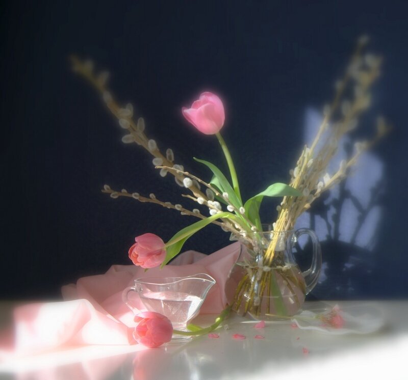 Pink Tulips in Vase — Serene, Spring, Photograph, Willow Branches, Glass Pitcher, Fabric
