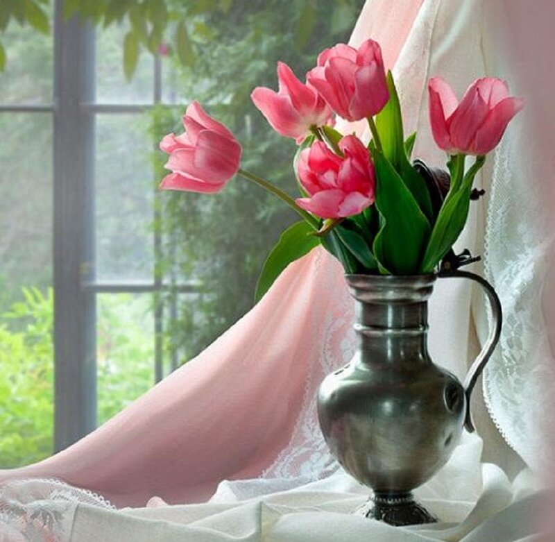 Pink Tulips in Vase — Serene, Spring, Photograph, Window