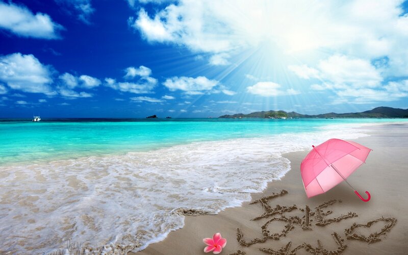Pink Umbrella on Beach — Blue