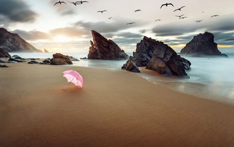 Pink Umbrella on Beach — Brown