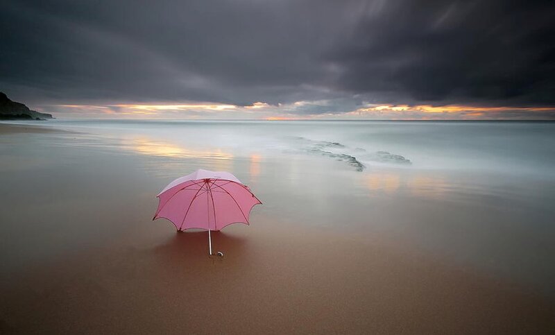 Pink Umbrella on Beach — Dramatic, Sunset, Photograph, Ocean