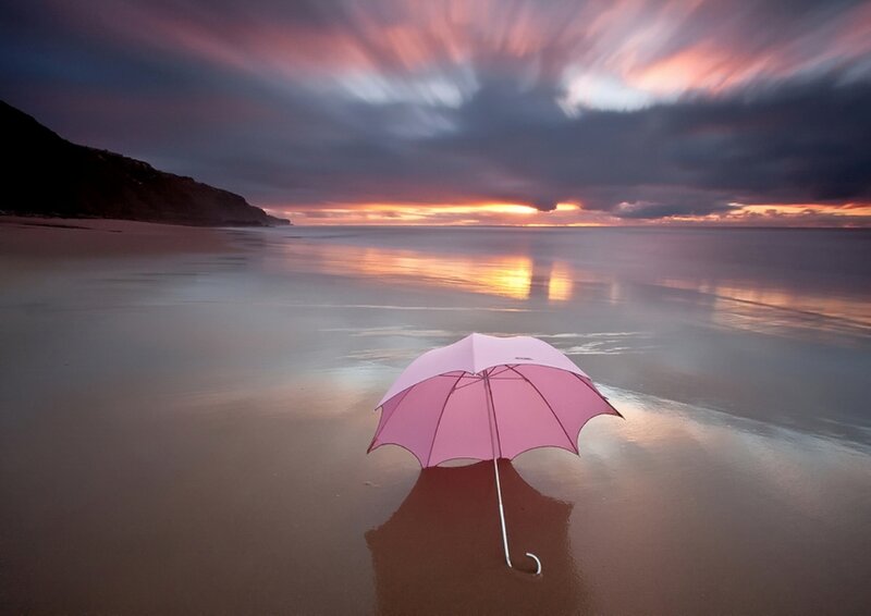 Pink Umbrella on Beach — Dramatic, Sunset, Photograph