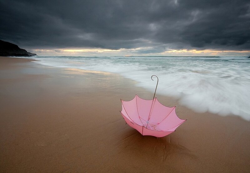 Pink Umbrella on Beach — Dramatic, Sunset