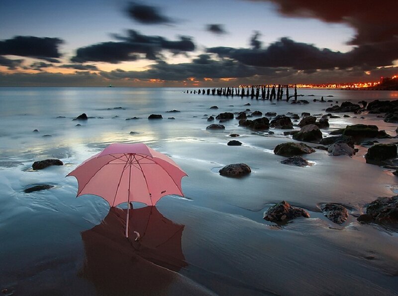 Pink Umbrella on Beach — Serene
