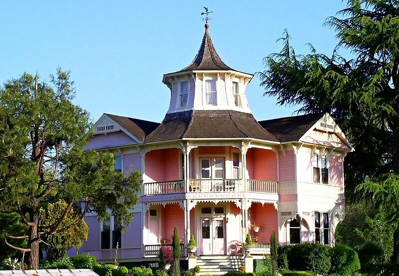 pink victorian house with turret