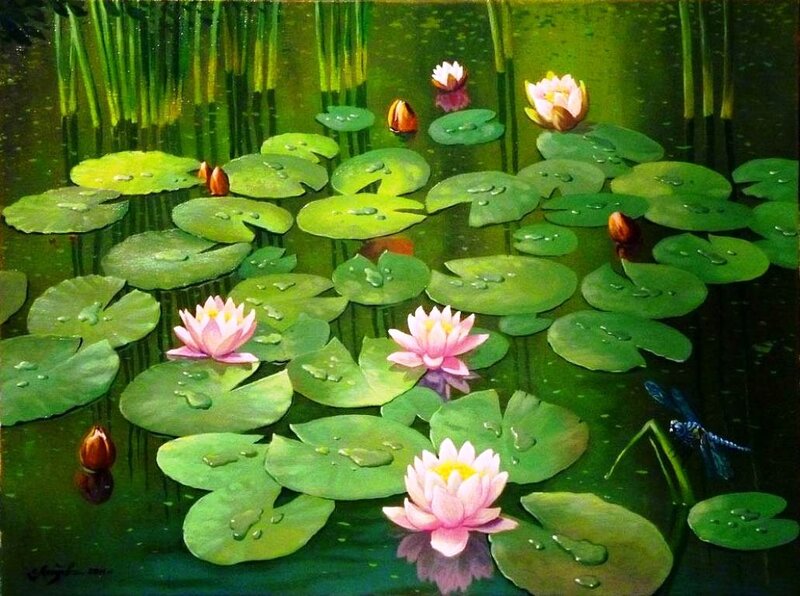 Pink Water Lilies — Green, Serene, Afternoon, Painting