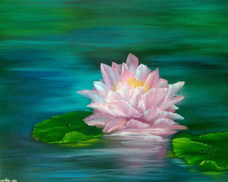 Pink Water Lily Flower — Green, Serene, Painting