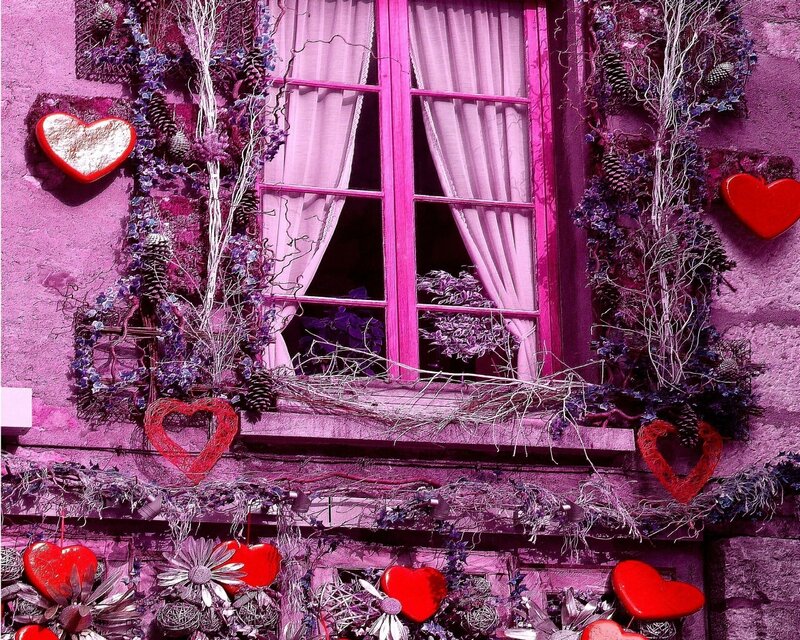 pink window with heart decorations