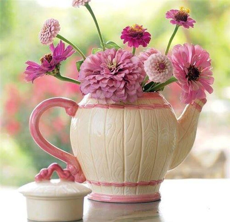 Pink Zinnias in Teapot
