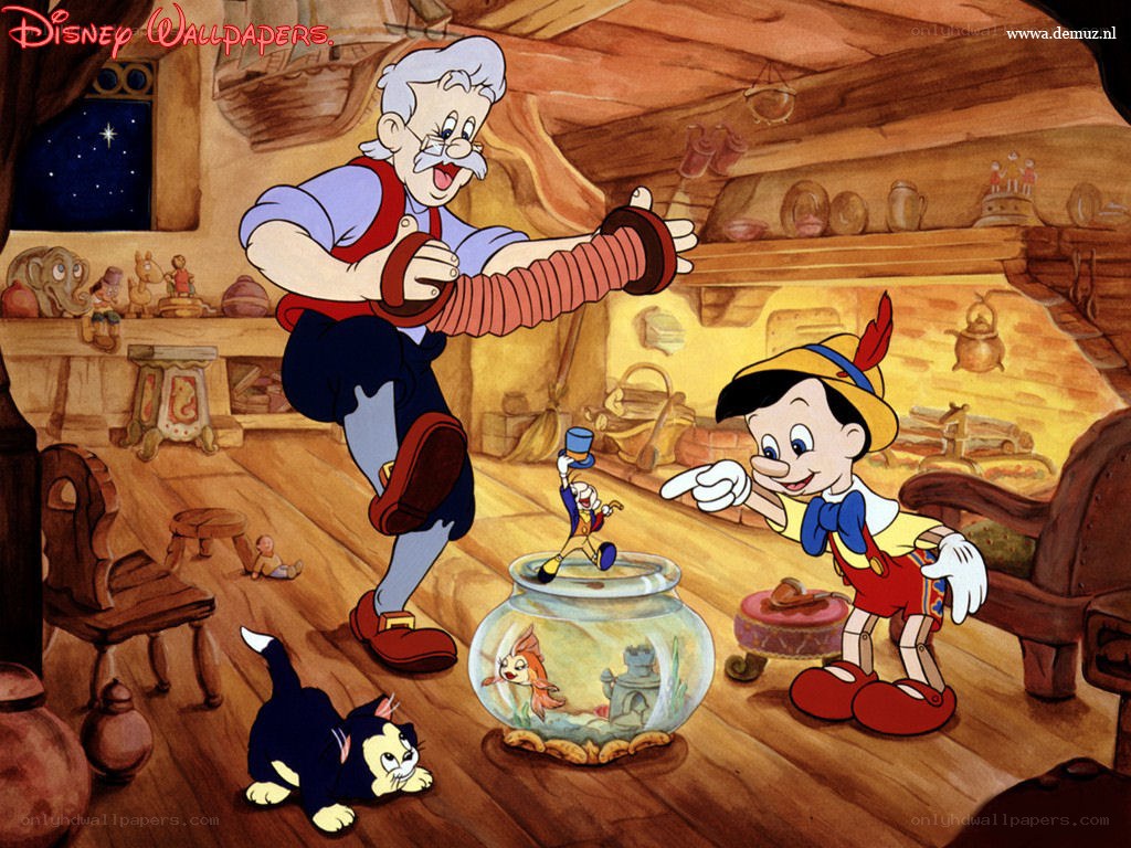 Pinocchio and Geppetto in workshop