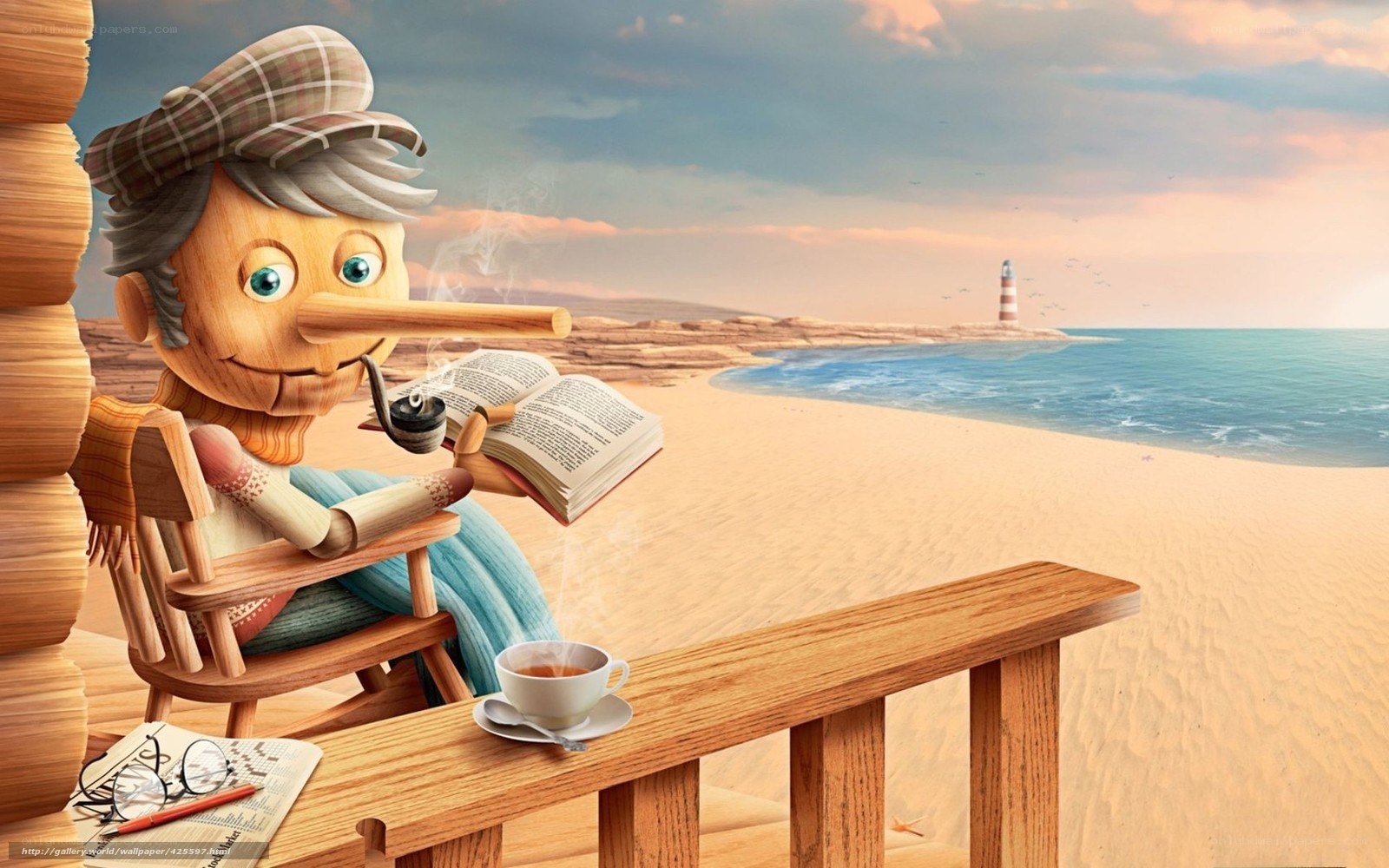 Pinocchio reading on beach