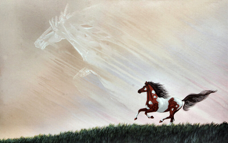 Pinto Horse Running — Brown, Dramatic, Sunset