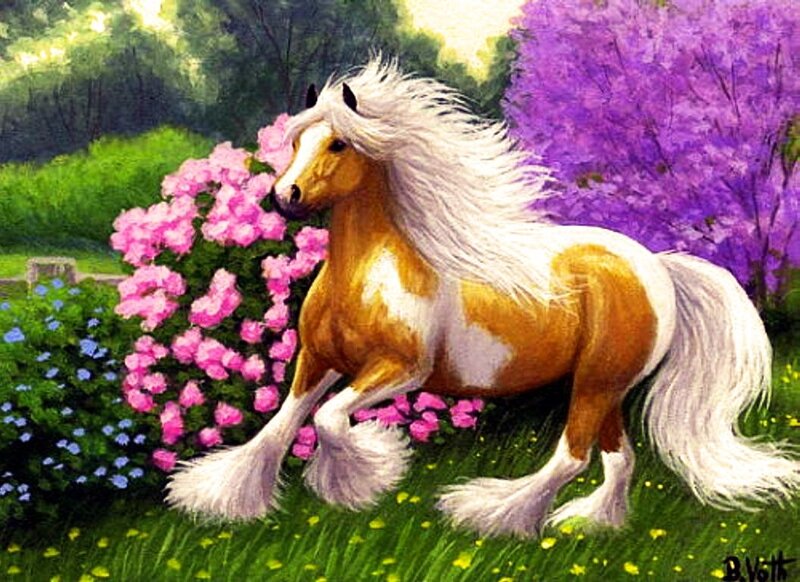 Pinto Horse Running — Green, Serene, Spring