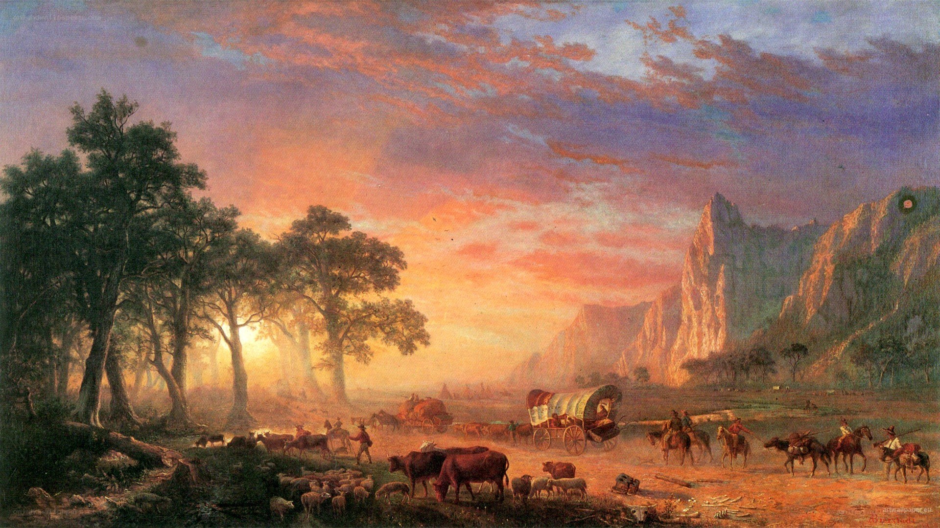 Pioneer wagon train at sunset