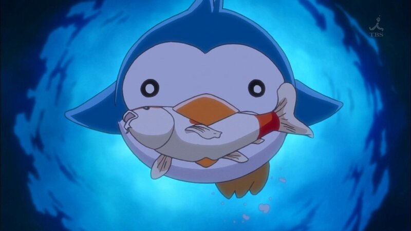 Piplup holding a fish
