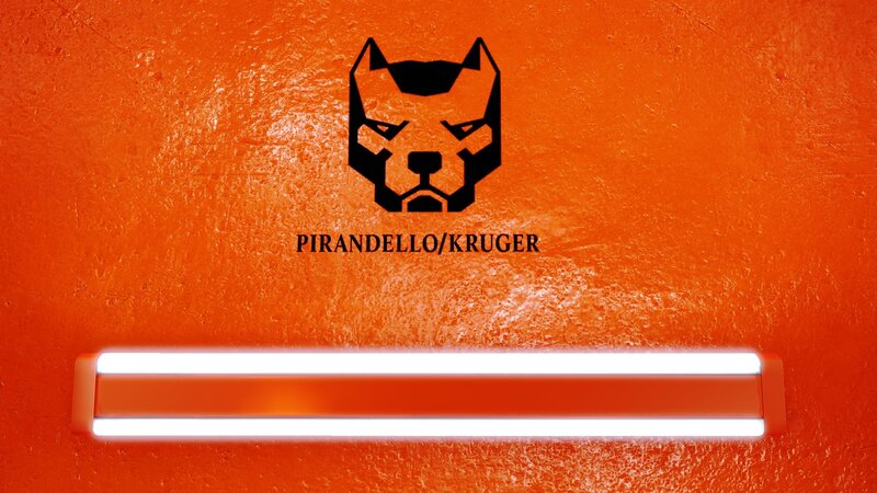 Pirandello/Kruger logo on orange wall