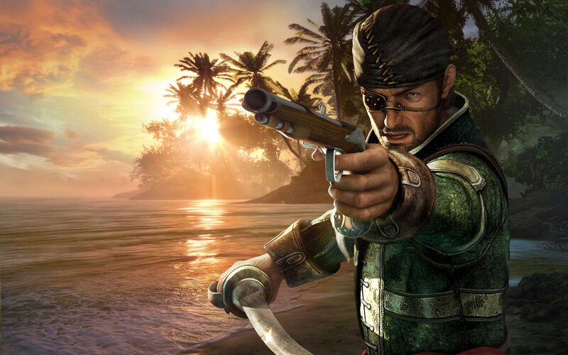 pirate aiming at sunset