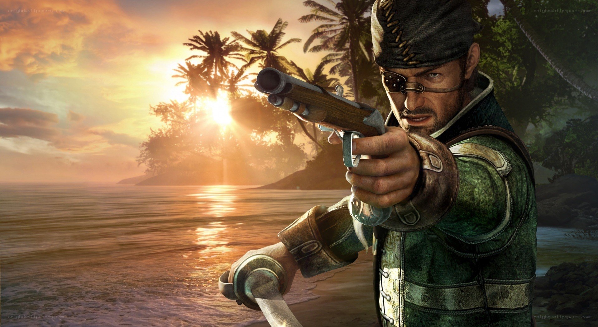 pirate aiming pistol at sunset