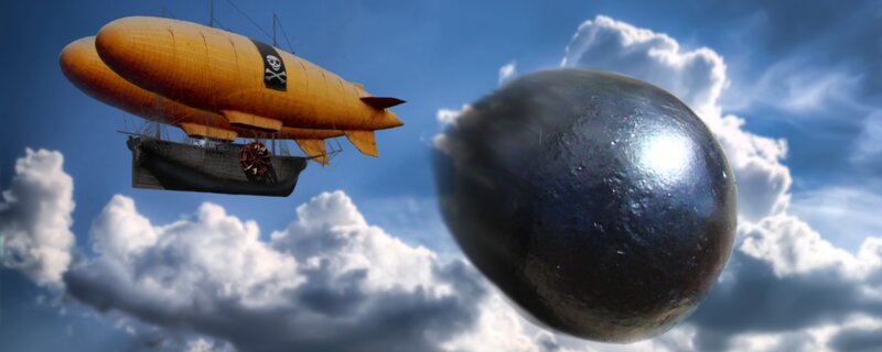 Pirate airship and cannonball