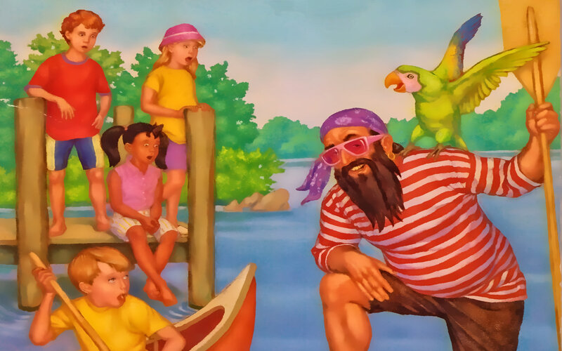 Pirate and children on a dock