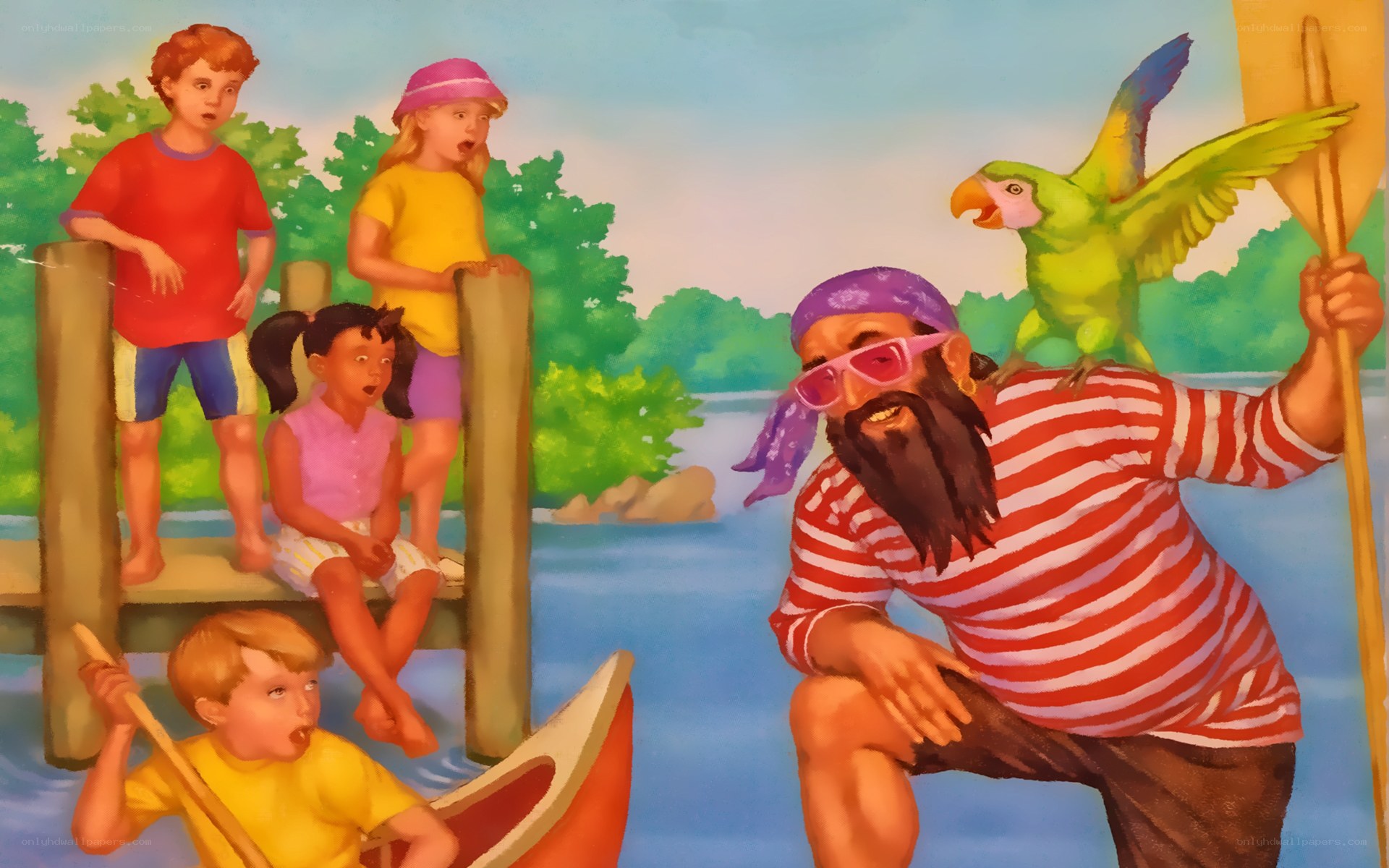 Pirate and children on a dock