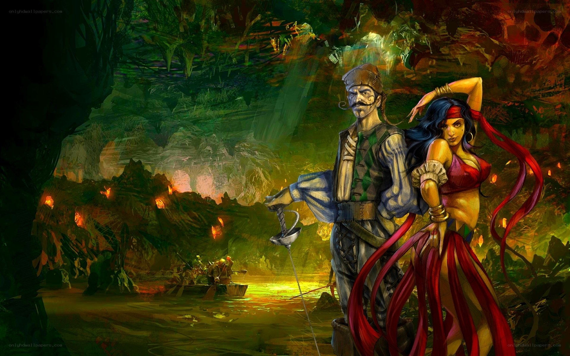 Pirate and dancer in a cave