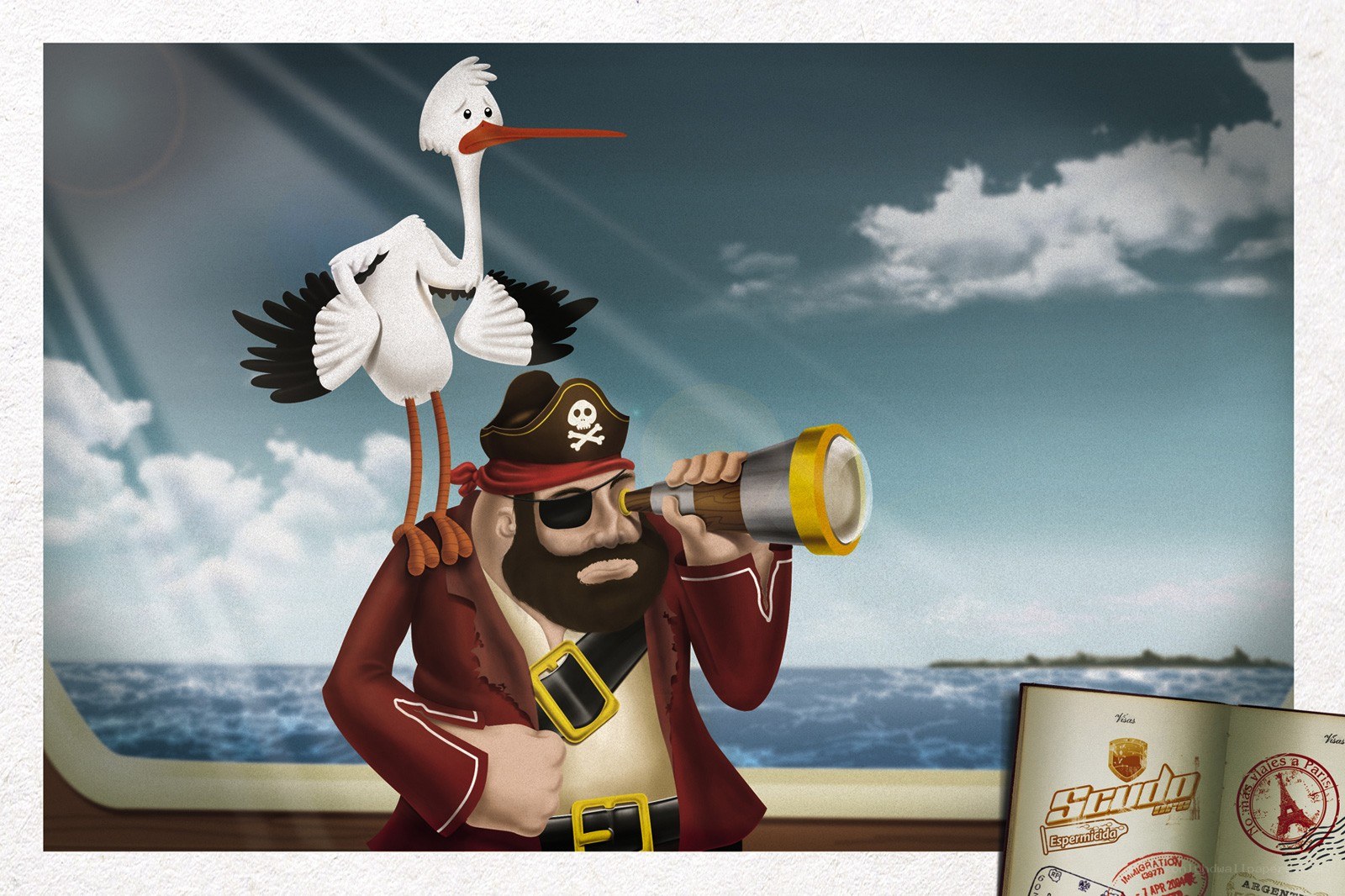Pirate and stork on a ship