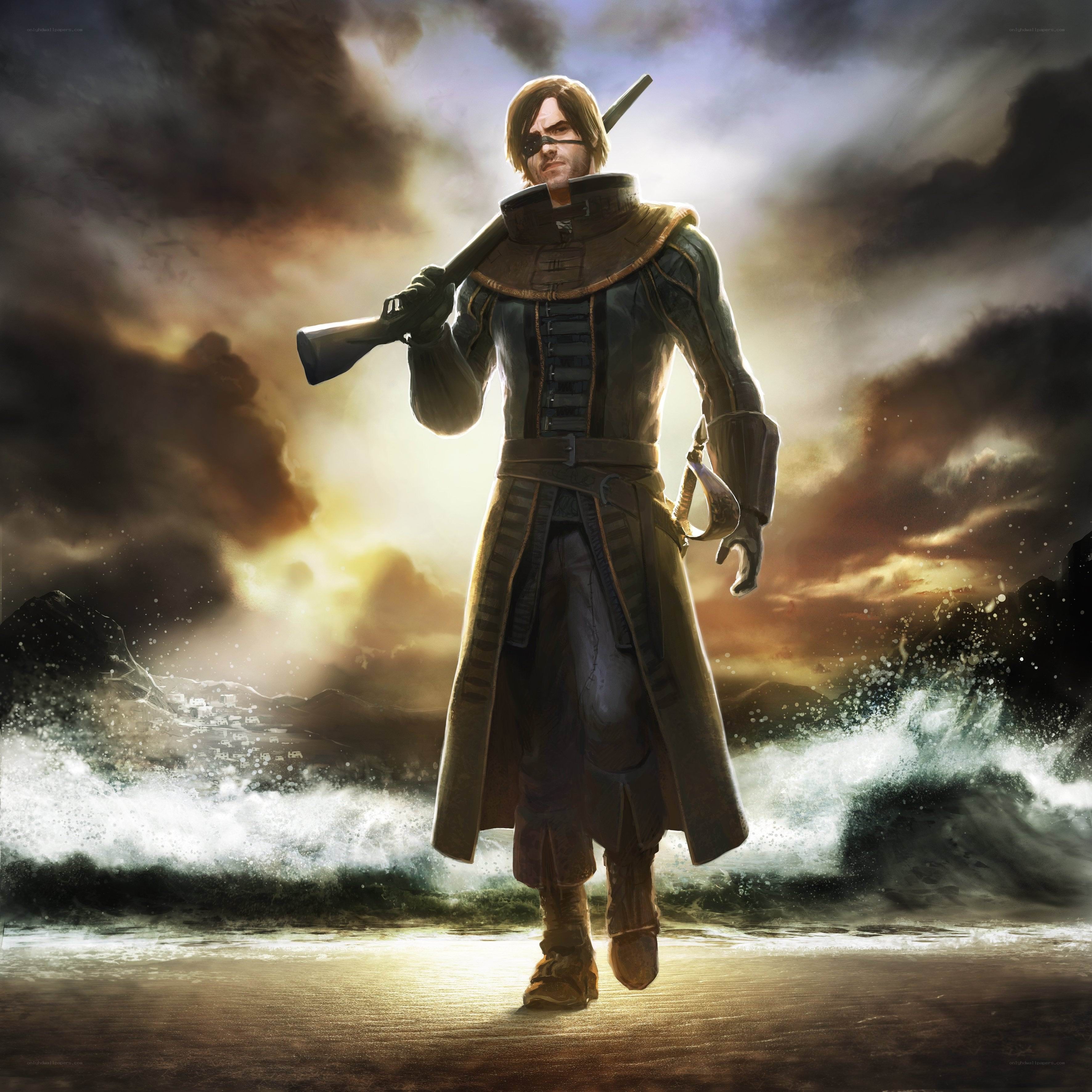 pirate captain on stormy beach