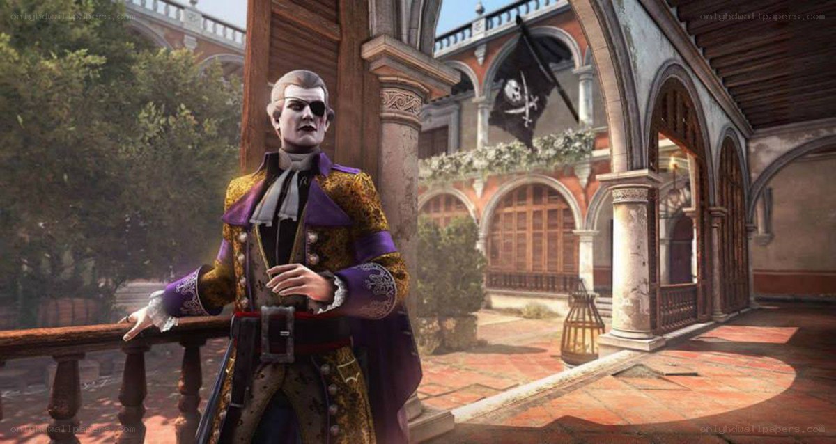 pirate character in courtyard