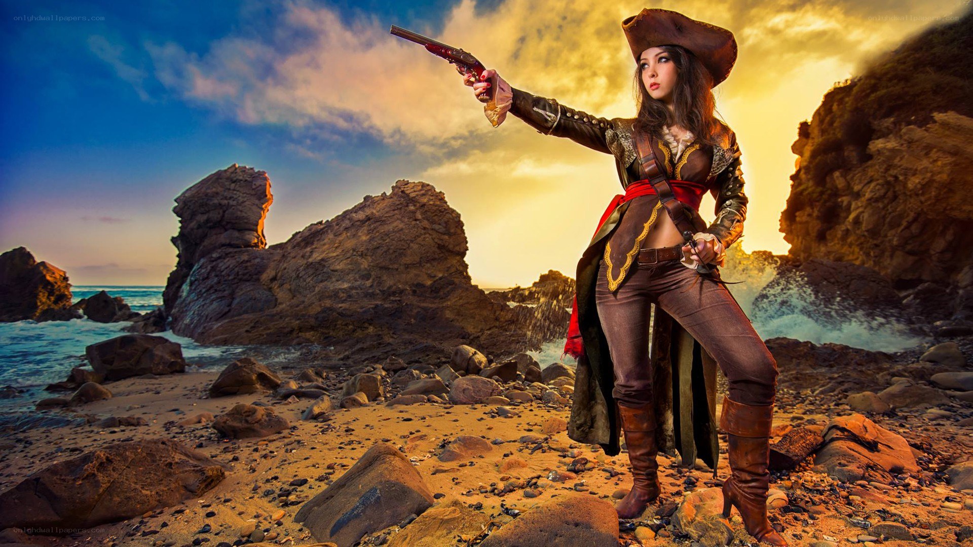 Pirate cosplayer on rocky beach