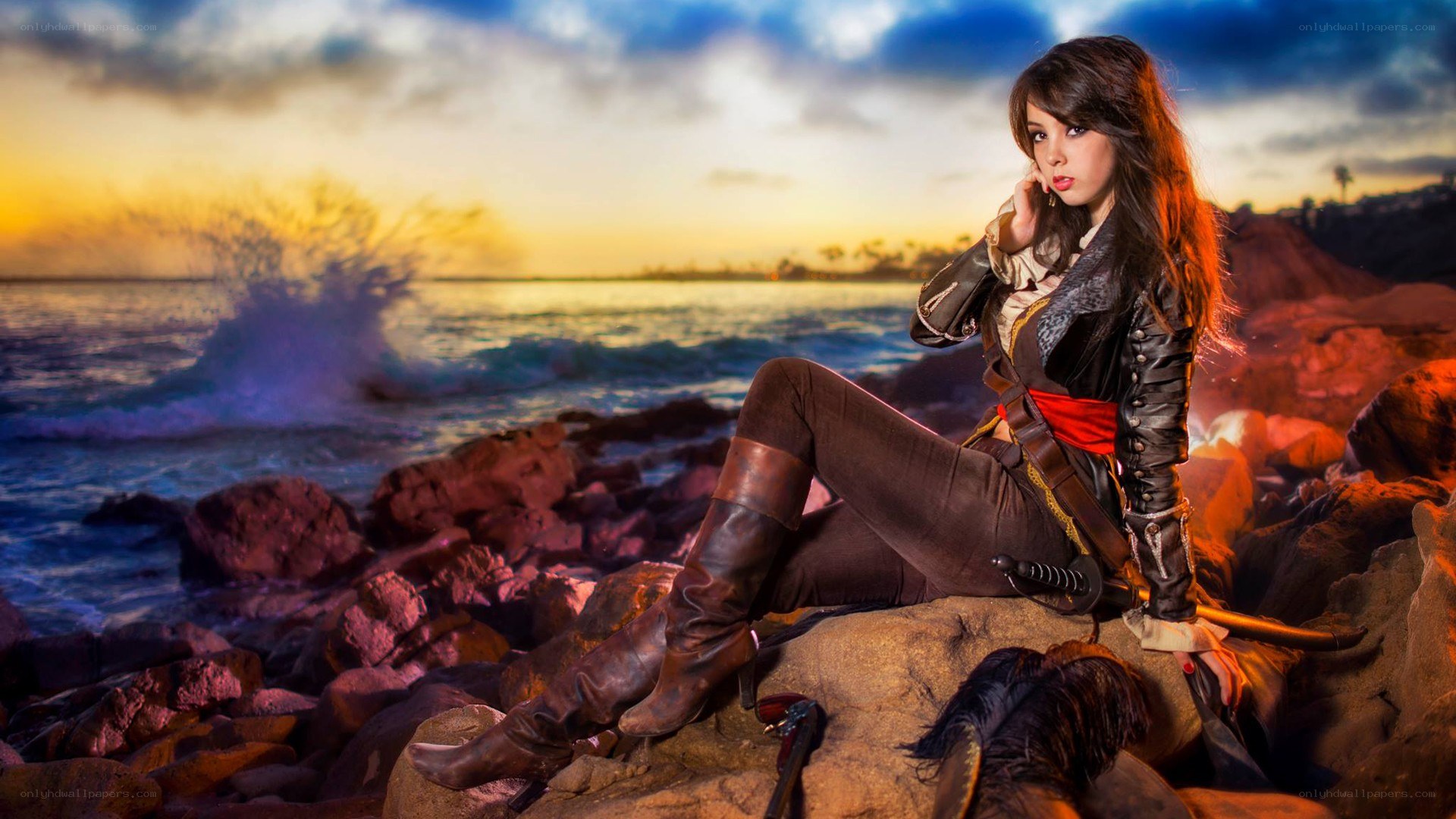 pirate cosplayer on rocky shore