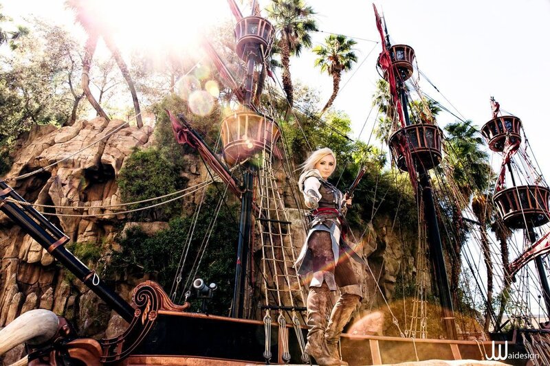 pirate cosplayer on ship deck
