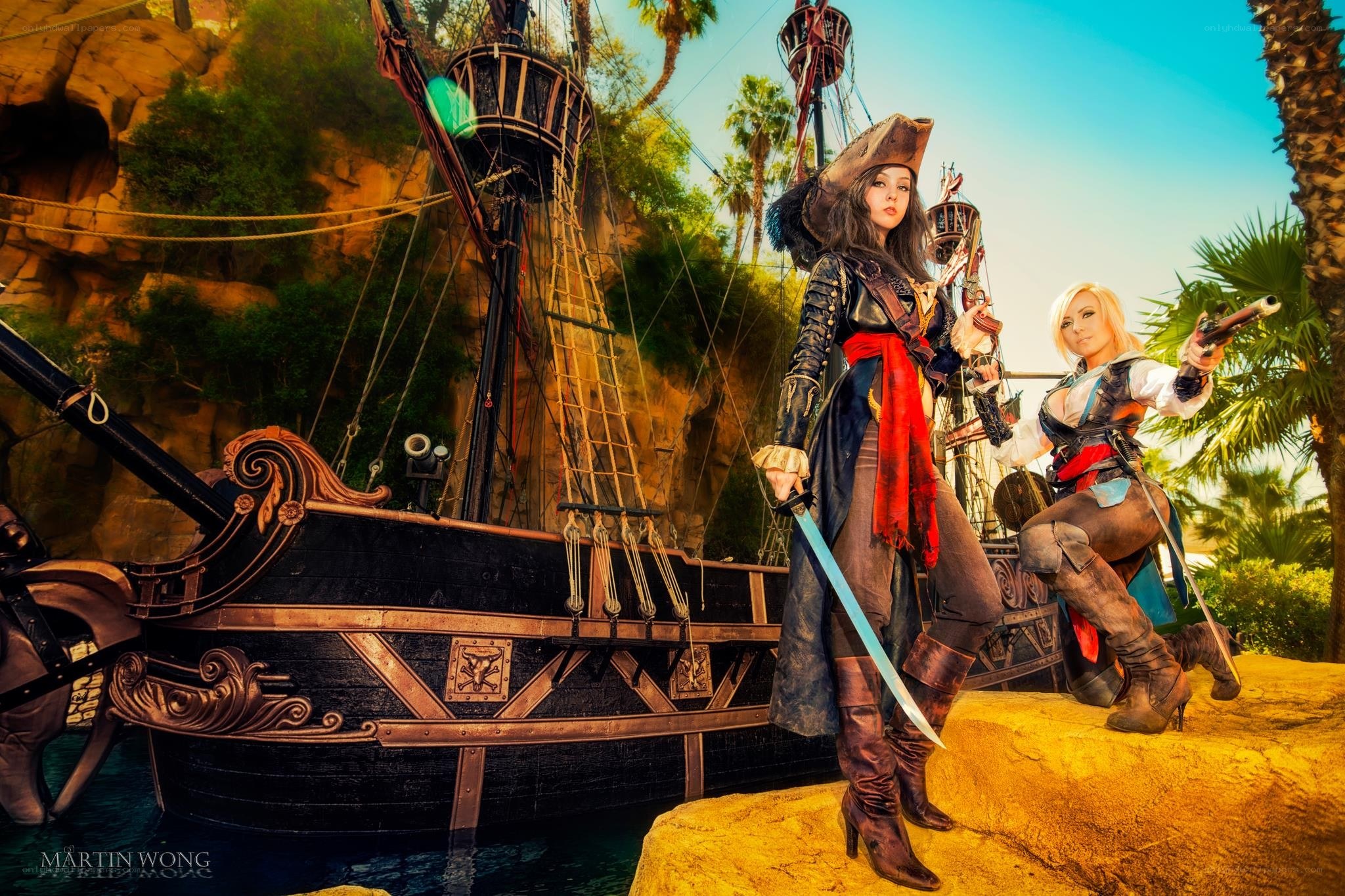 Pirate cosplayers on a ship