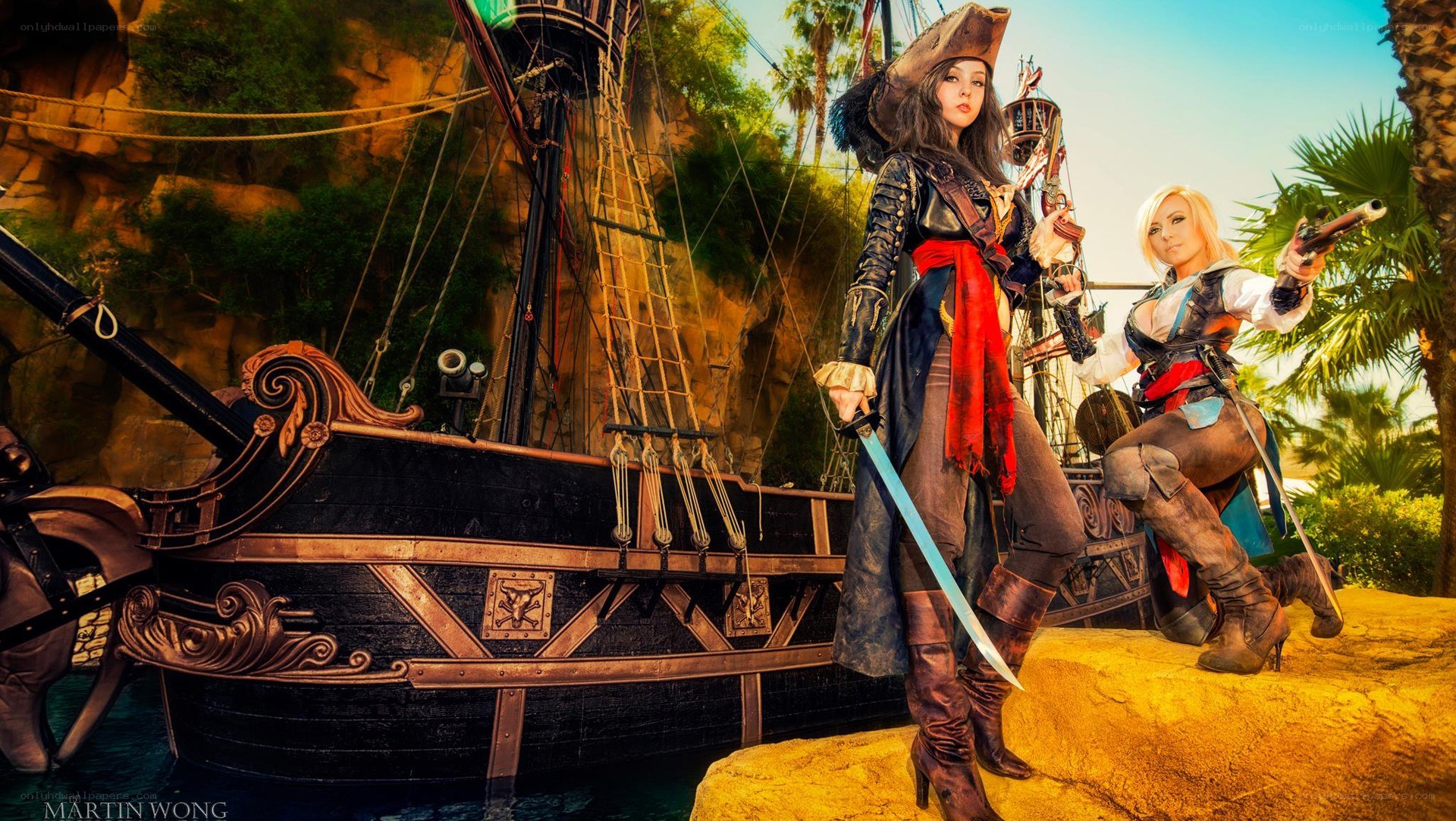Pirate cosplayers on ship