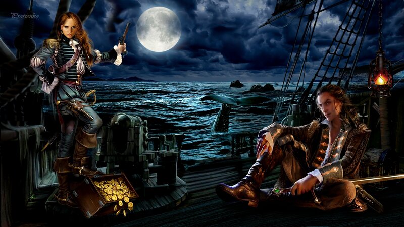 Pirate Couple on Ship — Blue