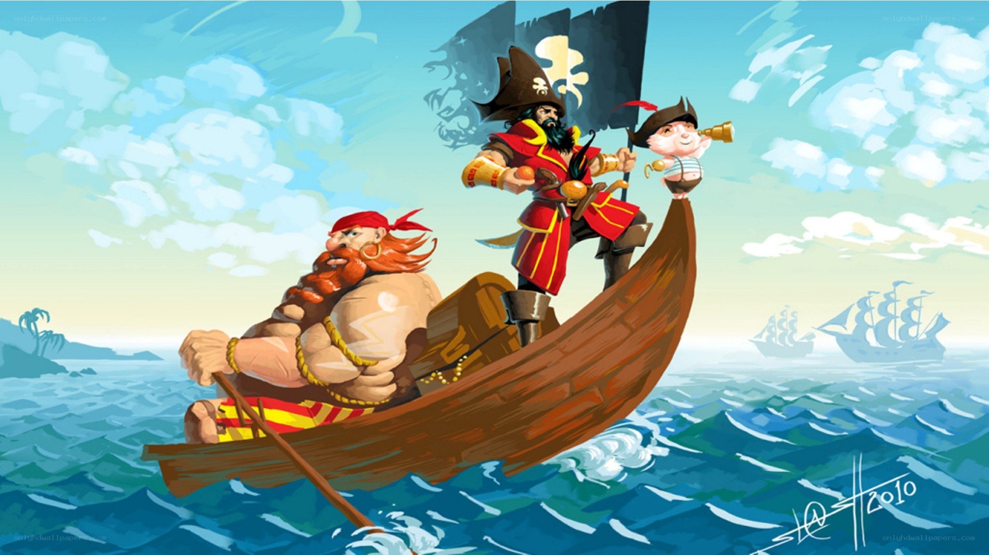Pirate crew in a rowboat