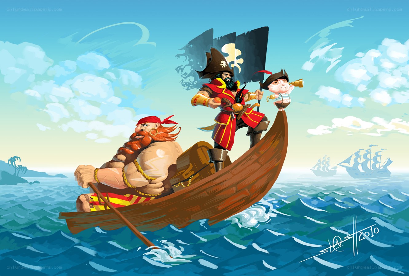 Pirate crew in a rowboat