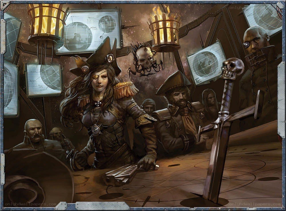 Pirate crew in a steampunk ship