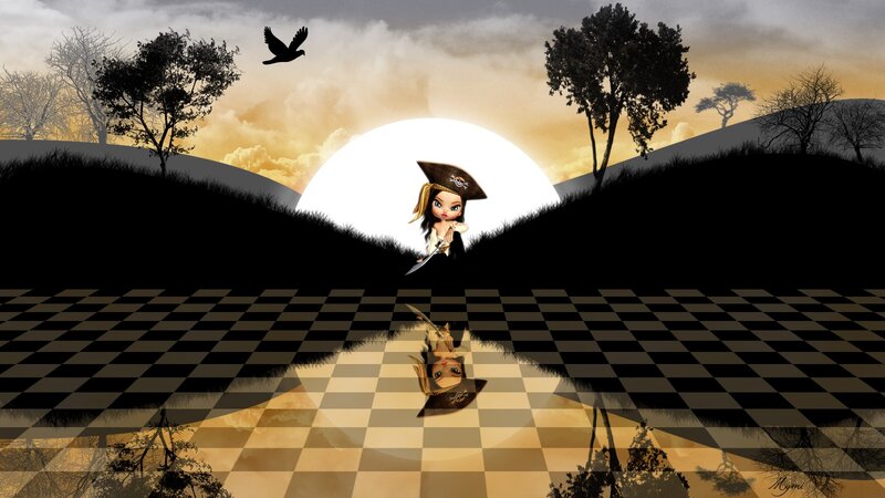 Pirate girl on a checkered landscape