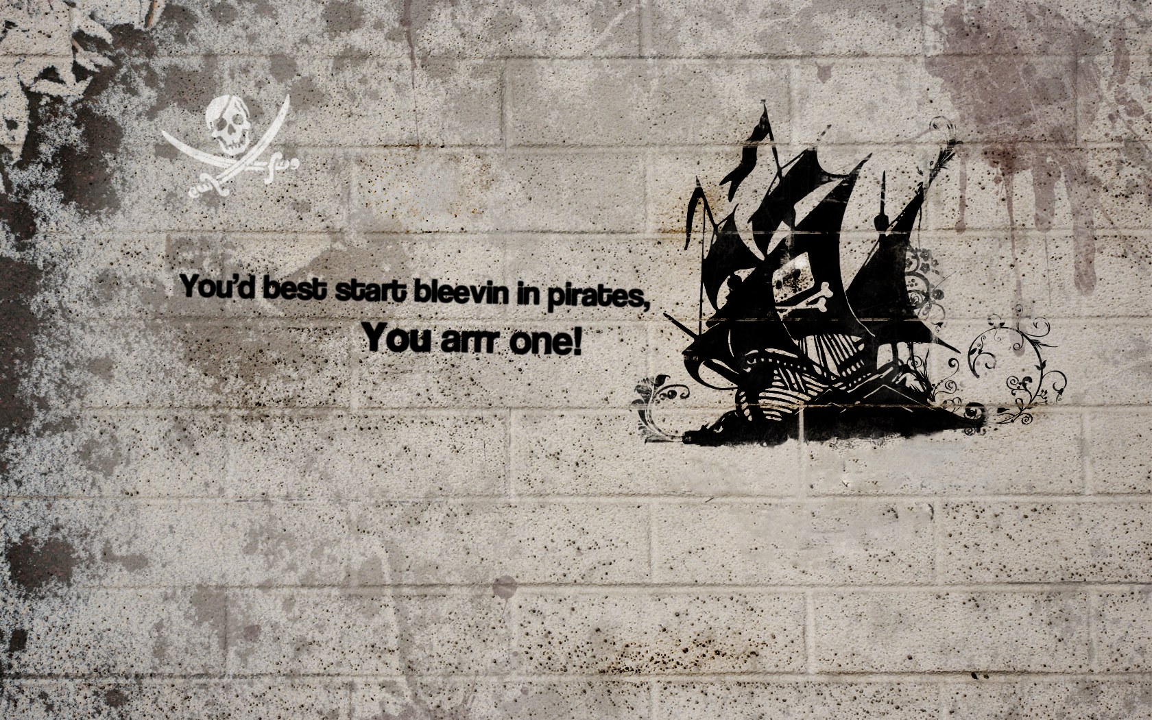 pirate graffiti on brick wall