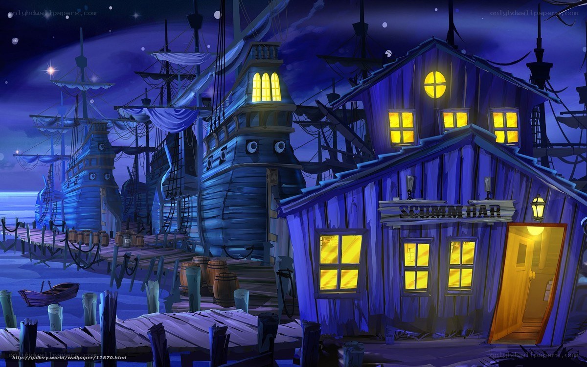 Pirate harbor at night