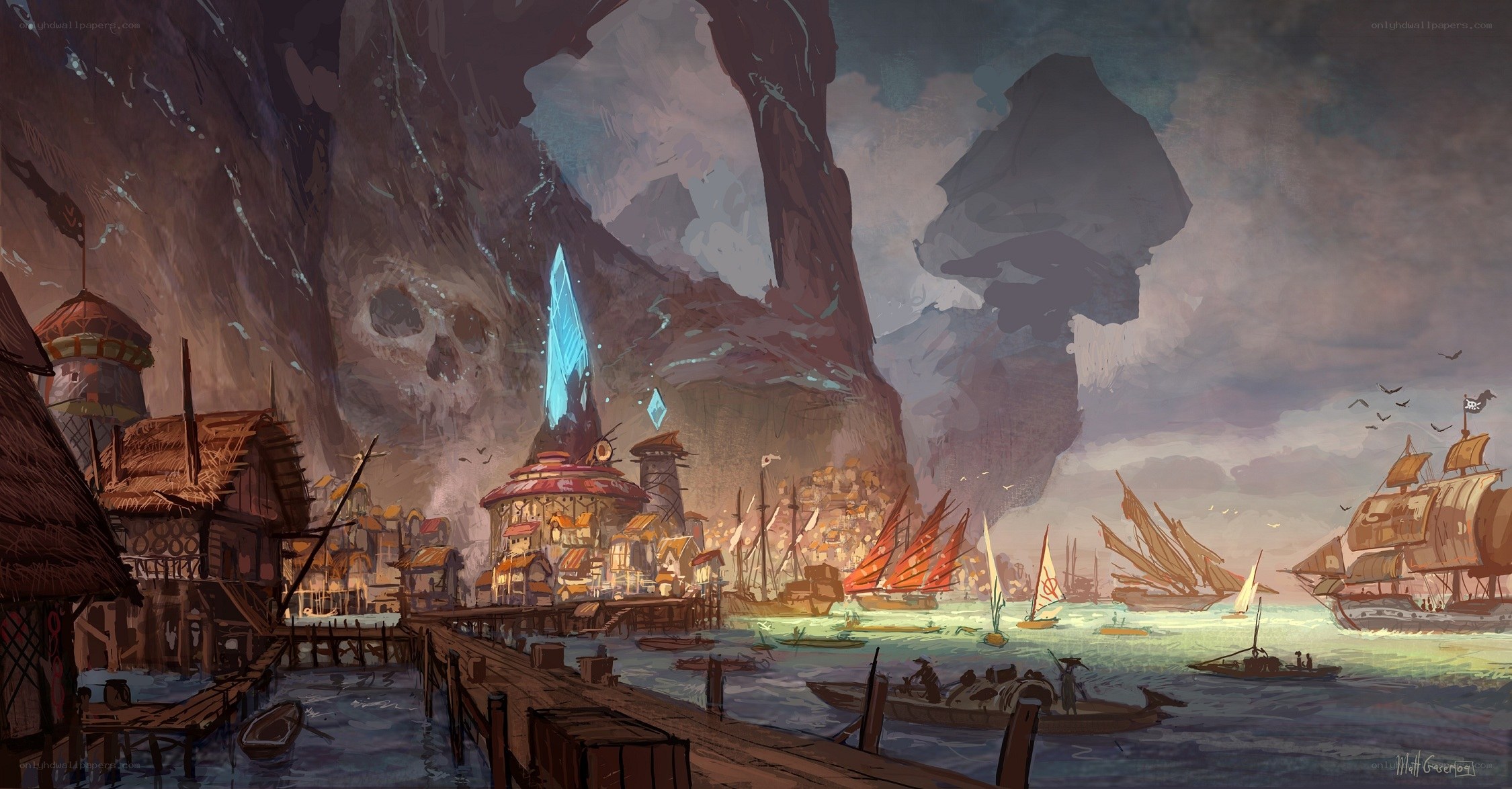 Pirate harbor with glowing crystal