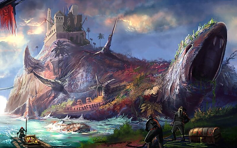 Pirate island with giant whale skull