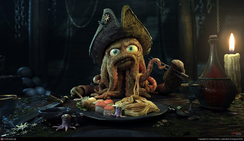 Pirate octopus eating noodles