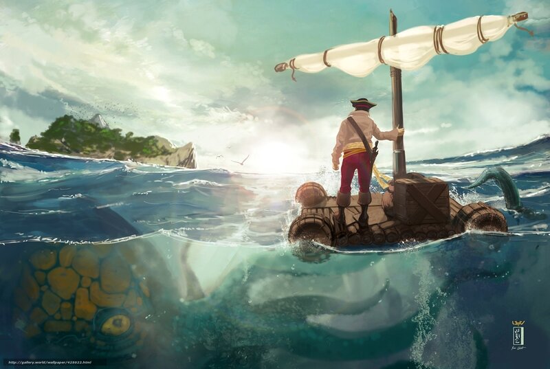 Pirate on a raft at sea