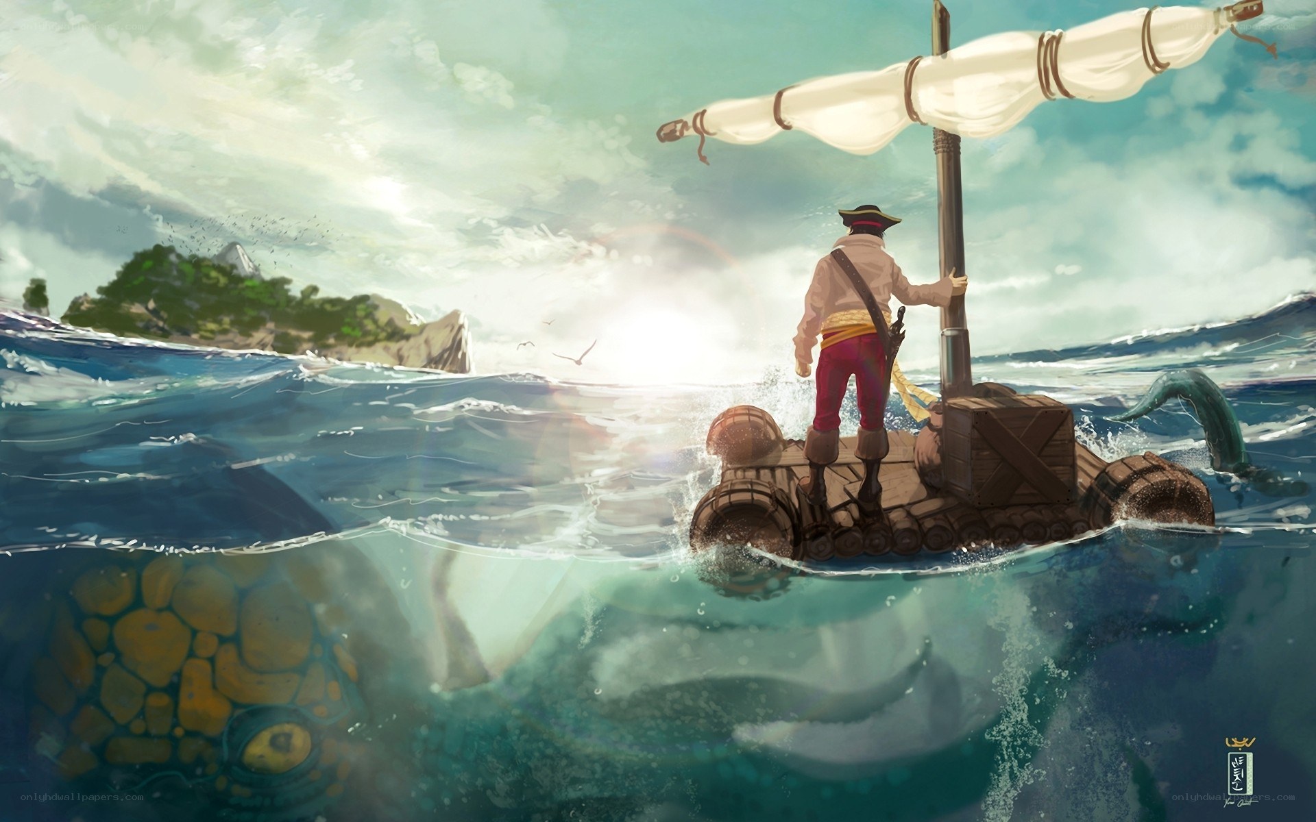 Pirate on raft facing island