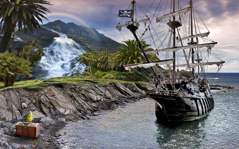 Pirate Ship at Island — Blue, Dramatic, Afternoon